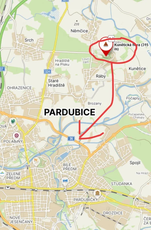 mapa na Kunětickou horu